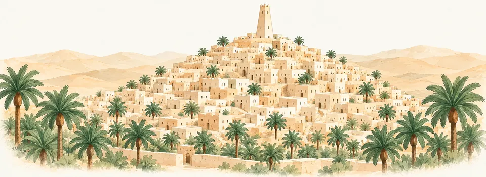 رسم لقصر بريان: البيوت تصعد التلّ حلقةً بعد حلقة، والصومعة في قمّته، والنخيل عند سفحه