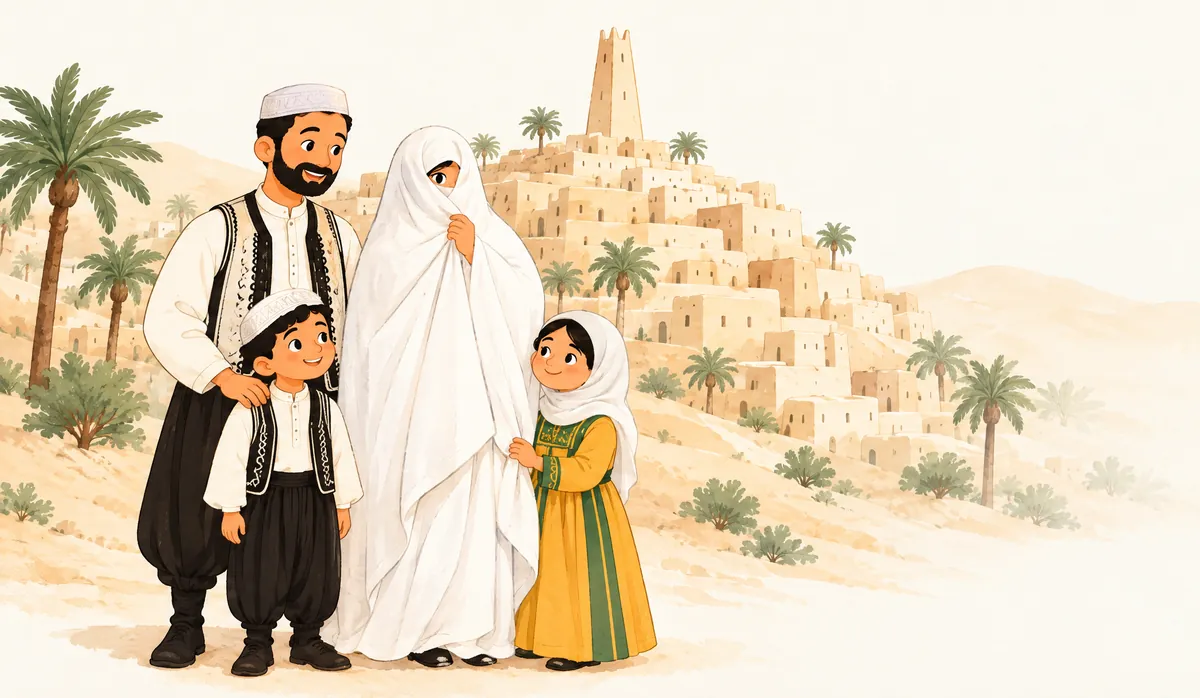 رسم لعائلة مزابية باللباس التقليدي: الأب بالشاشية البيضاء والسروال، والأم بالحايك الأبيض، وطفلان، أمام قصر بريان